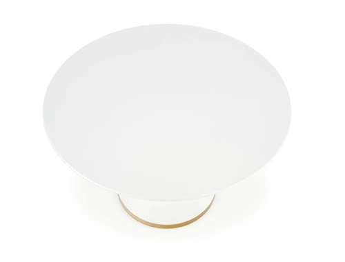 Stół okrągły do jadalni Marlen biały złoty 120 cm nowoczesny glamour na jednej nodze Intesi