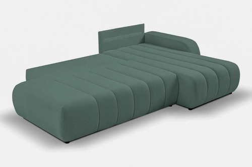 Narożnik z funkcją spania Hobro prawy zielony nowoczesny do salonu z pojemnikiem