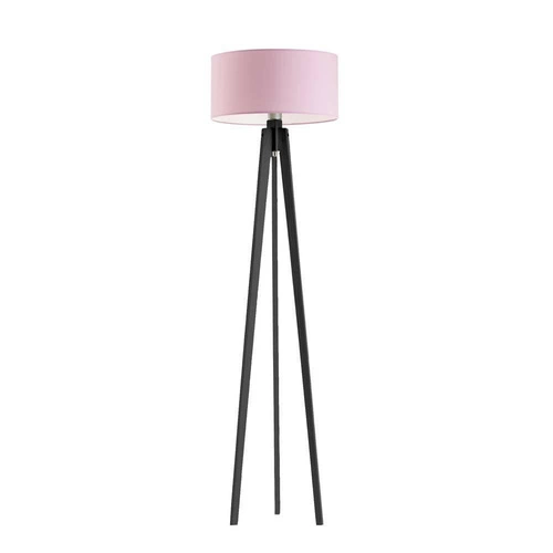 Lampa stojąca do salonu glamour Miami trójnóg z abażurem różowym i drewnianą podstawą