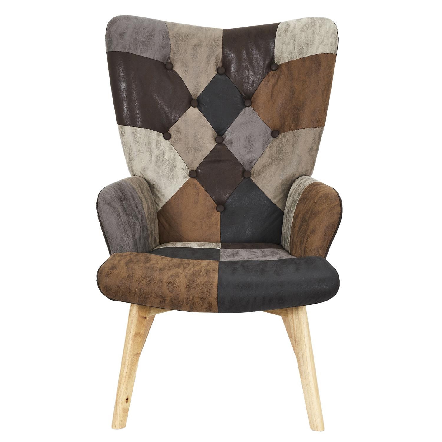 Fotel uszak Helsinki do salonu brązowy patchwork skandynawski z wysokimi nogami Intesi