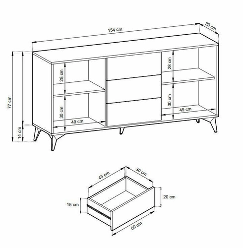 Komoda Fargo 154 cm nowoczesna z szufladami na nóżkach do salonu dąb i czarny Intesi