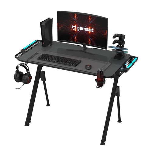 Biurko gamingowe Falcon 1.4 czarne nowoczesne z uchwytem na słuchawki i stojakiem USB Intesi