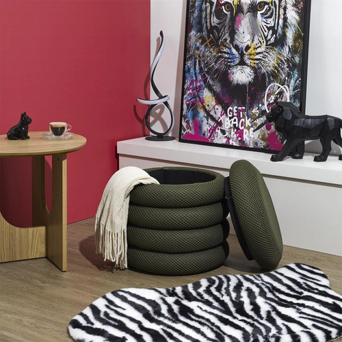 Pufa ze schowkiem Atom khaki okrągła tapicerowana do salonu i sypialni Intesi 42 cm