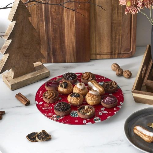 Intesi okrągła taca obrotowa do ciasta szklana czerwona 28cm dekoracyjna do serwowania