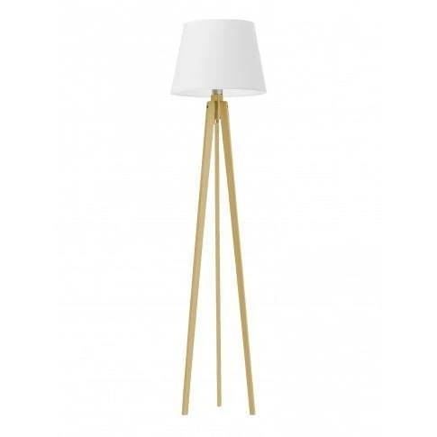 Lampa podłogowa Curacao nowoczesna biała z abażurem i drewnianym stelażem do salonu Lysne