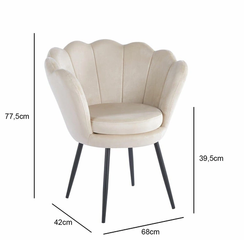Krzesło tapicerowane muszelka Fiona VIC welurowe beżowe z podłokietnikami do salonu glamour Intesi