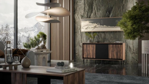 Komoda nowoczesna Miri orzechowa z czarnymi akcentami na nóżkach 150 cm do salonu Intesi