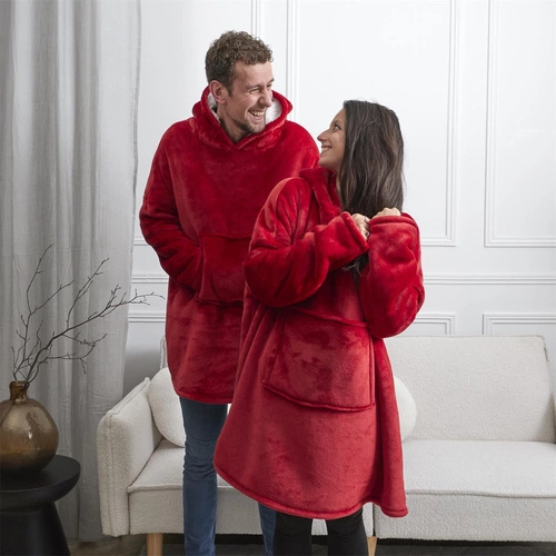 Intesi Snuddie koc z rękawami ciepły czerwony do salonu przytulny na zimę