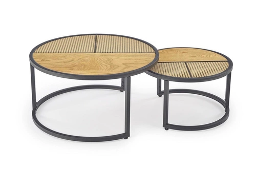 Zestaw 2 okrągłych stolików kawowych Namiga boho rattan dąb złoty i czarny do salonu 2w1