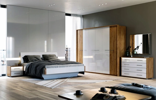 Łóżko dwuosobowe Madera 160x200 białe tapicerowane do sypialni nowoczesne dąb