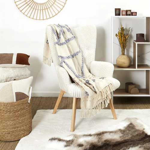 Koc boho Tuffo kremowy z frędzlami na kanapę do salonu ciepły i miękki 150x125 cm