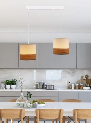 Lampa wisząca Bianco biała z abażurem tkanina orzechowa regulowana do salonu CANDELLUX