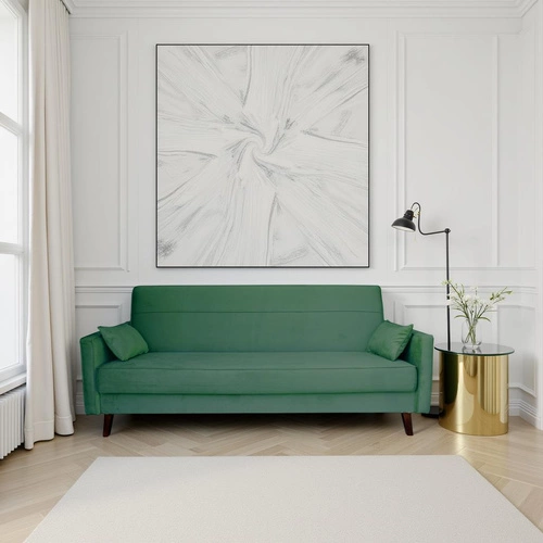 Sofa rozkładana 3 osobowa Izoria z funkcją spania do salonu zielona vintage z pojemnikiem