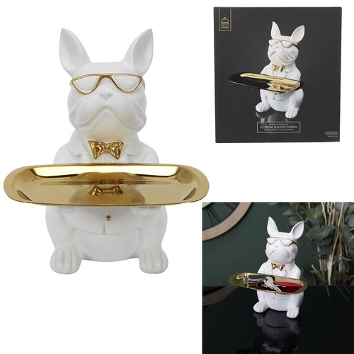 Figurka dekoracyjna buldog organizer biały ze złotą tacą Intesi do salonu glamour