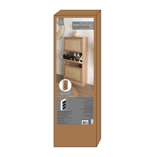 Szafka na buty Bali naturalna wysoka z trzema półkami i ażurowym frontem rattan boho