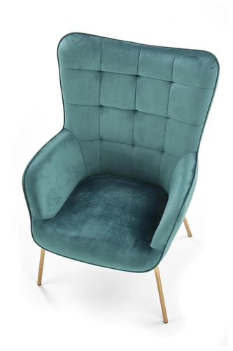Fotel uszak Cabres zielony ciemny nowoczesny do salonu z podłokietnikami na złotych nogach