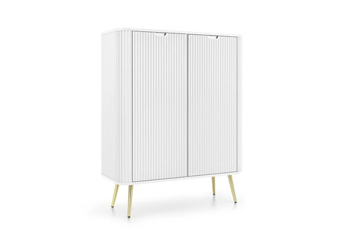 Komoda biała wysoka Seda na złotych nogach nowoczesna z półkami do salonu Intesi 129 cm