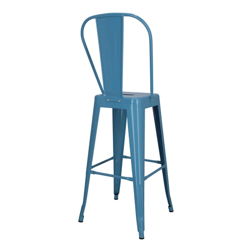 Hoker Paris Back 75 cm niebieski metalowy z oparciem do kuchni i wyspy loftowy D2.DESIGN