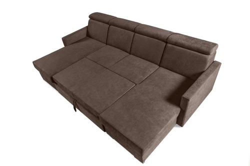 Narożnik Mils U brązowy nowoczesny z funkcją spania i pojemnikiem do salonu