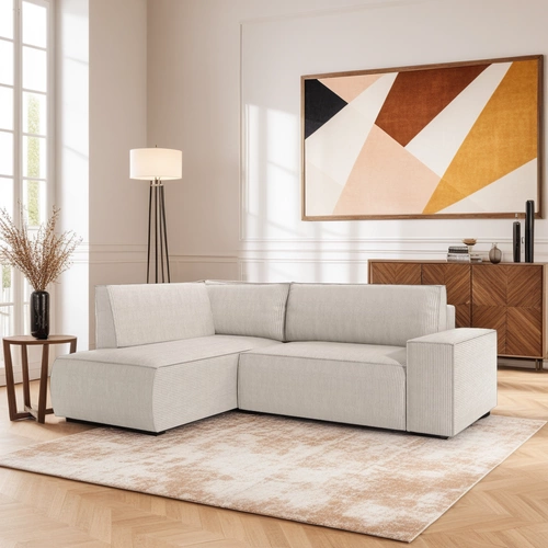 Narożnik z funkcją spania Molde L lewy sztruksowy beżowy do salonu z pojemnikiem