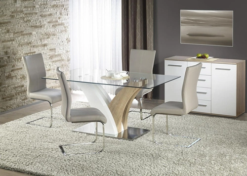Stół do jadalni nowoczesny Virem 160x90 cm szklany blat dąb sonoma biały Intesi