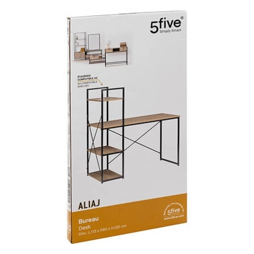 Biurko loftowe Aliaj z półkami naturalny dąb i czarne metalowe do pracy lub pokoju młodzieżowego