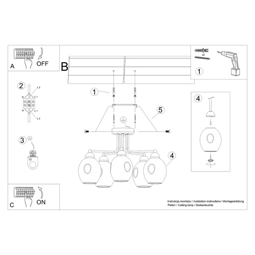 Żyrandol FILLAN 5 nowoczesny czarny lampa sufitowa do salonu i jadalni SOLLUX LIGHTING