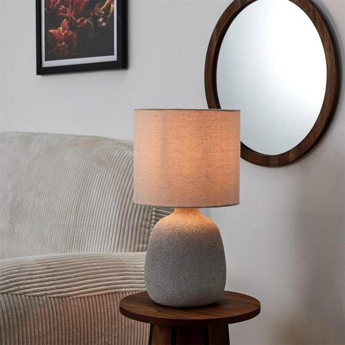 Lampa stołowa Amani ceramiczna szara z bawełnianym abażurem do sypialni i salonu nowoczesna