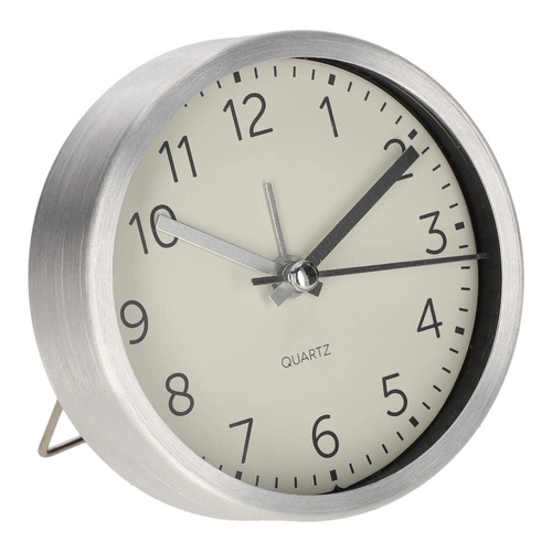 Budzik Quazi srebrny nowoczesny zegar stojący do sypialni i biura średnica 9 cm Intesi