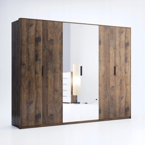 Szafa z lustrem Anciano nowoczesna 6-drzwiowa brązowa do sypialni lub garderoby