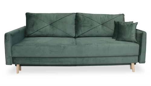 Sofa rozkładana z funkcją spania Saxo zielona 2 osobowa do salonu z pojemnikiem na pościel