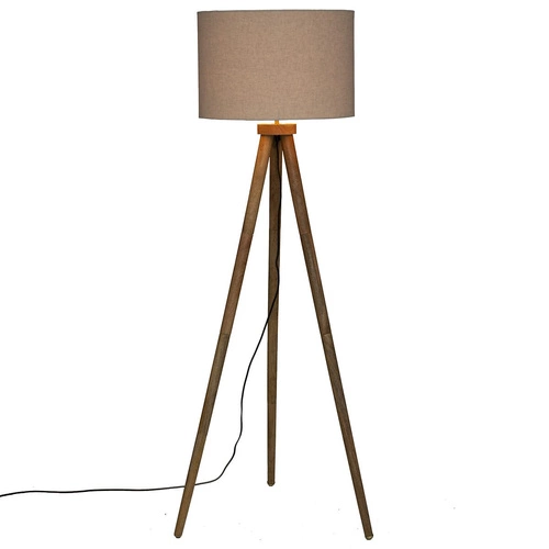 Lampa podłogowa stojąca do salonu Olga Atmosphera skandynawska drewniana trójnóg beżowa z abażurem