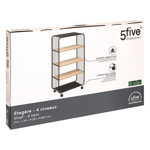 Regał na książki industrialny na kółkach Glamm 4-poziomowy czarny naturalny 5five simply smart