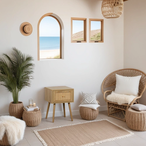 Szafka nocna boho Ballo Intesi z plecionym frontem i szufladą, naturalny dąb do sypialni