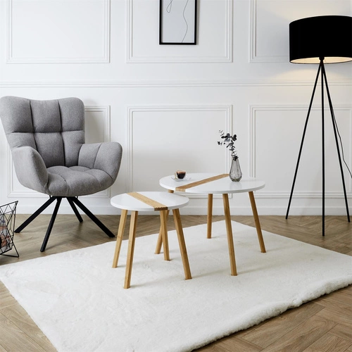 Zestaw 2 okrągłych stolików kawowych Paraiba biały drewniany skandynawski do salonu 2w1