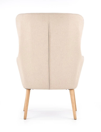 Fotel uszak Damar beżowy do salonu skandynawski wypoczynkowy z drewnem Intesi