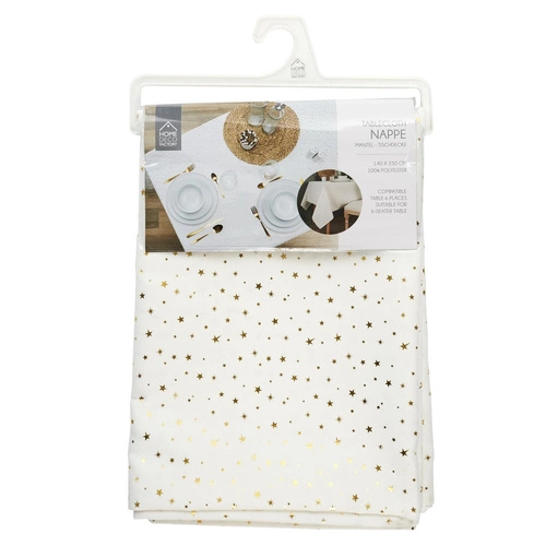 Obrus na stół prostokątny Star Dore 140x250 cm biały złoty nowoczesny do jadalni Intesi