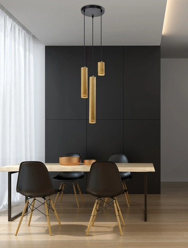 Lampa wisząca Tubo czarny talerz 3x25W GU10 klosz mix drewniany