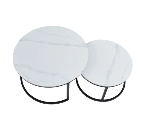 Zestaw 2 okrągłych stolików kawowych Silas biały marmur nowoczesny do salonu 80 i 60 cm