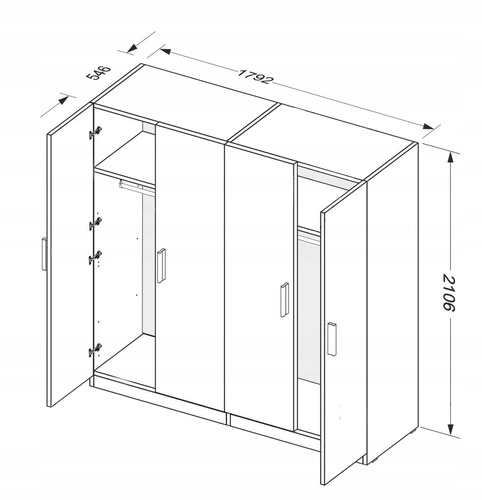 Szafa 4-drzwiowa Della grafitowa nowoczesna z półkami do sypialni z opcją personalizacji
