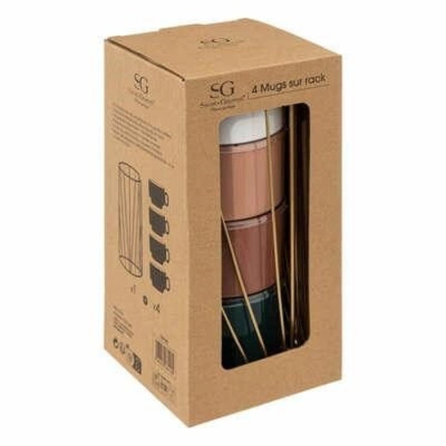 Zestaw 4 nowoczesnych kubków ceramicznych Coll 250 ml w złotym stojaku do kawy i herbaty