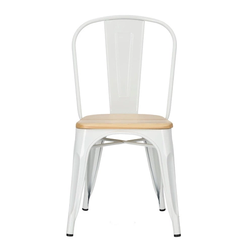 Krzesło do jadalni Paris Wood białe metalowe z drewnianym siedziskiem industrialne D2.DESIGN