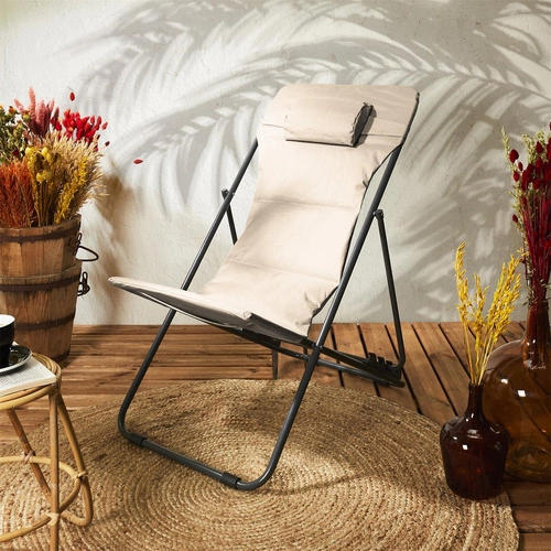 Leżak ogrodowy Grue beżowy składany z regulacją oparcia nowoczesny na taras i plażę Ventos