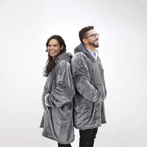 Intesi Snuddie ciepły bluzo koc z kapturem szary, miękki koc na kanapę do salonu