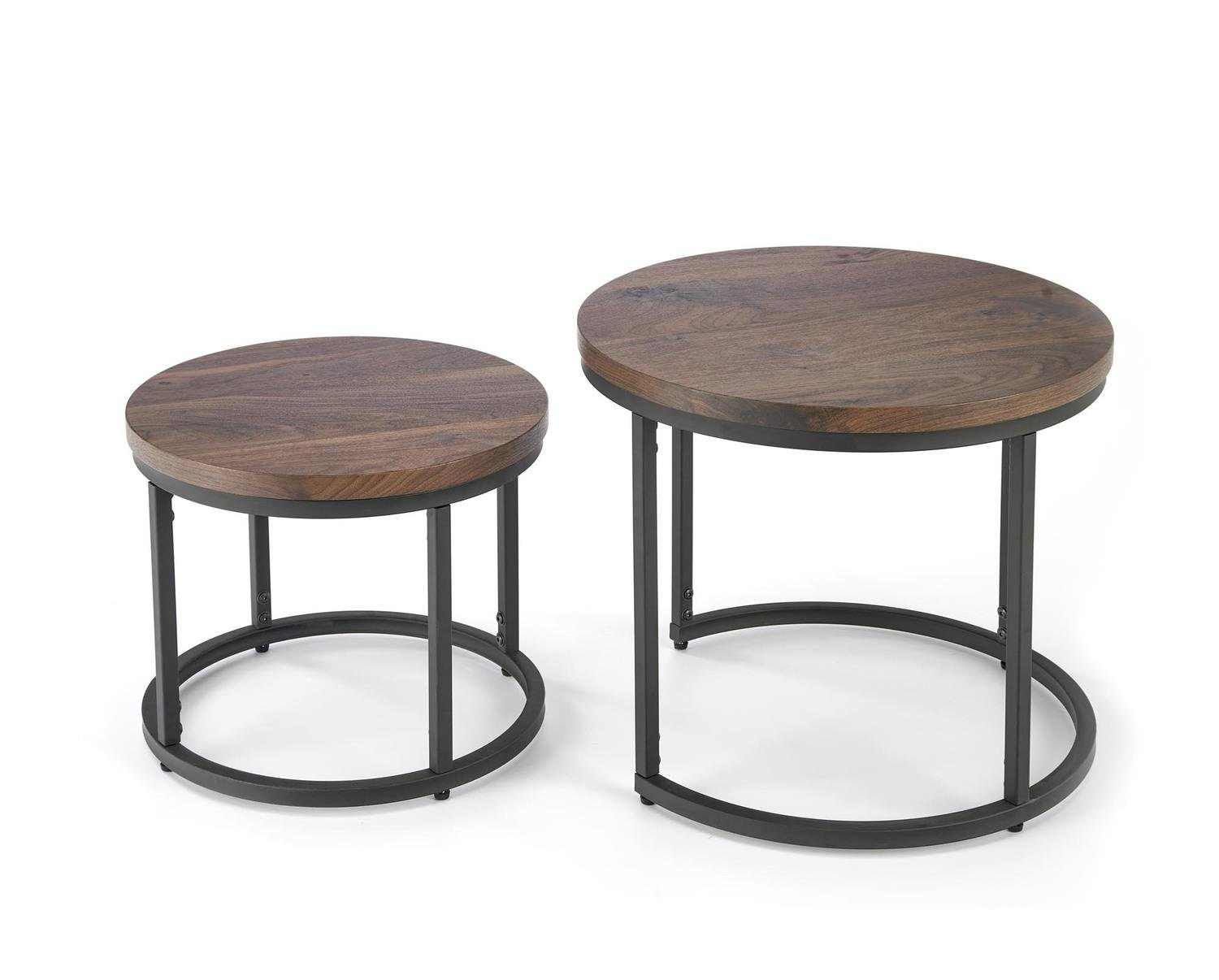 Zestaw 2 okrągłych stolików kawowych Tabarka orzechowy loftowy do salonu Intesi