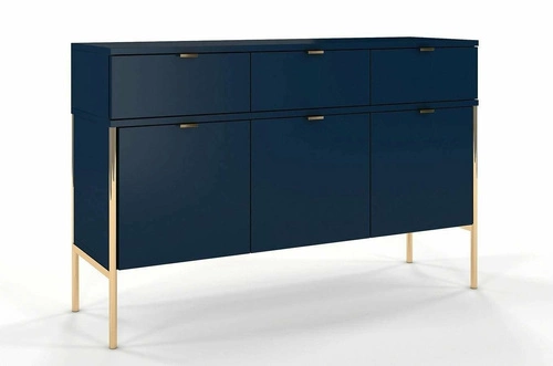 Komoda z szufladami Polka Navy Blue 120 cm glamour niebieska na złotych nóżkach do salonu