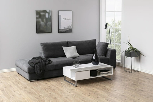 Stolik kawowy Azalea prostokątny szklano-drewniany z półkami i schowkiem do salonu