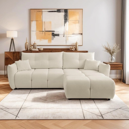 Narożnik z funkcją spania do salonu Bode prawy beżowy nowoczesny z pojemnikiem Intesi