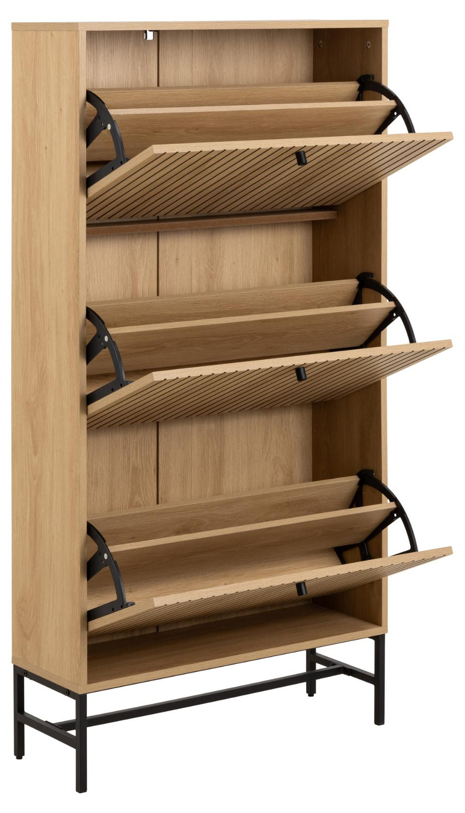 Wysoka szafka na buty Albany Actona z 3 ryflowanymi frontami dąb naturalny skandynawska do przedpokoju