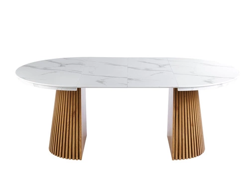 Stół rozkładany Kyoto okrągły 120/200 cm biały marmur dąb nowoczesny do jadalni i salonu